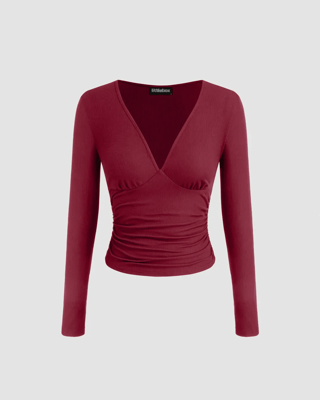 V-neck Solid Ruched Long Sleeve Top In Maroon