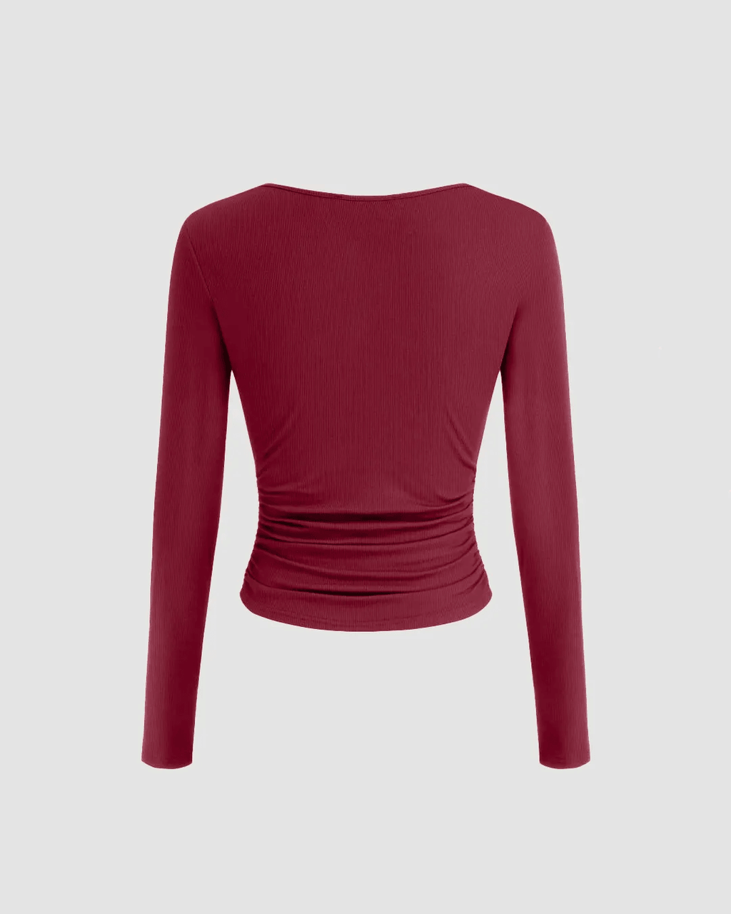 V-neck Solid Ruched Long Sleeve Top In Maroon