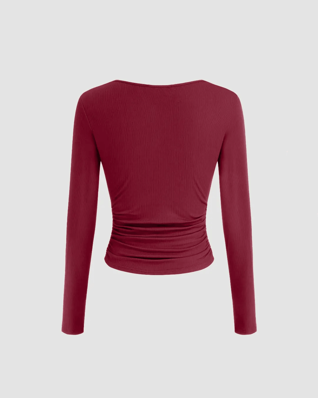 V-neck Solid Ruched Long Sleeve Top In Maroon