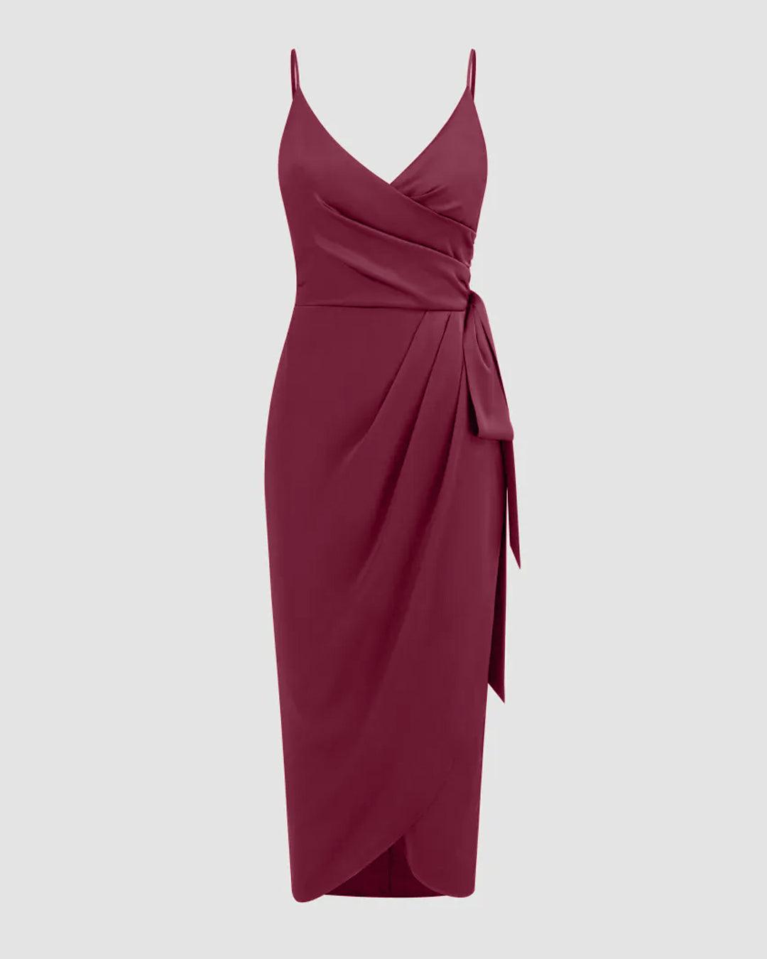V-neck Wrap Knotted Maxi Dress In Rose Red