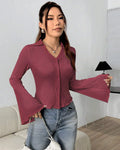 V Neck Button Front Knit Flared Sleeve Top in Maroon
