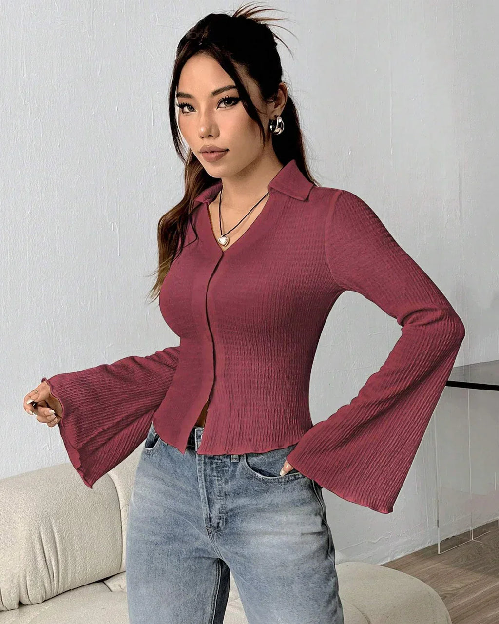 V Neck Button Front Knit Flared Sleeve Top in Maroon
