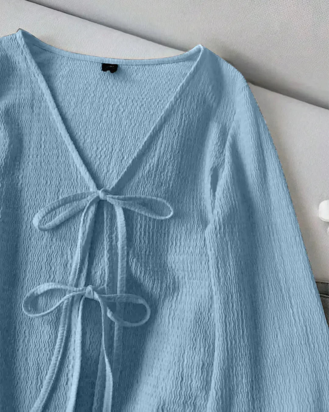 V Neck Front Bow Tie Flared Sleeve Top in Blue