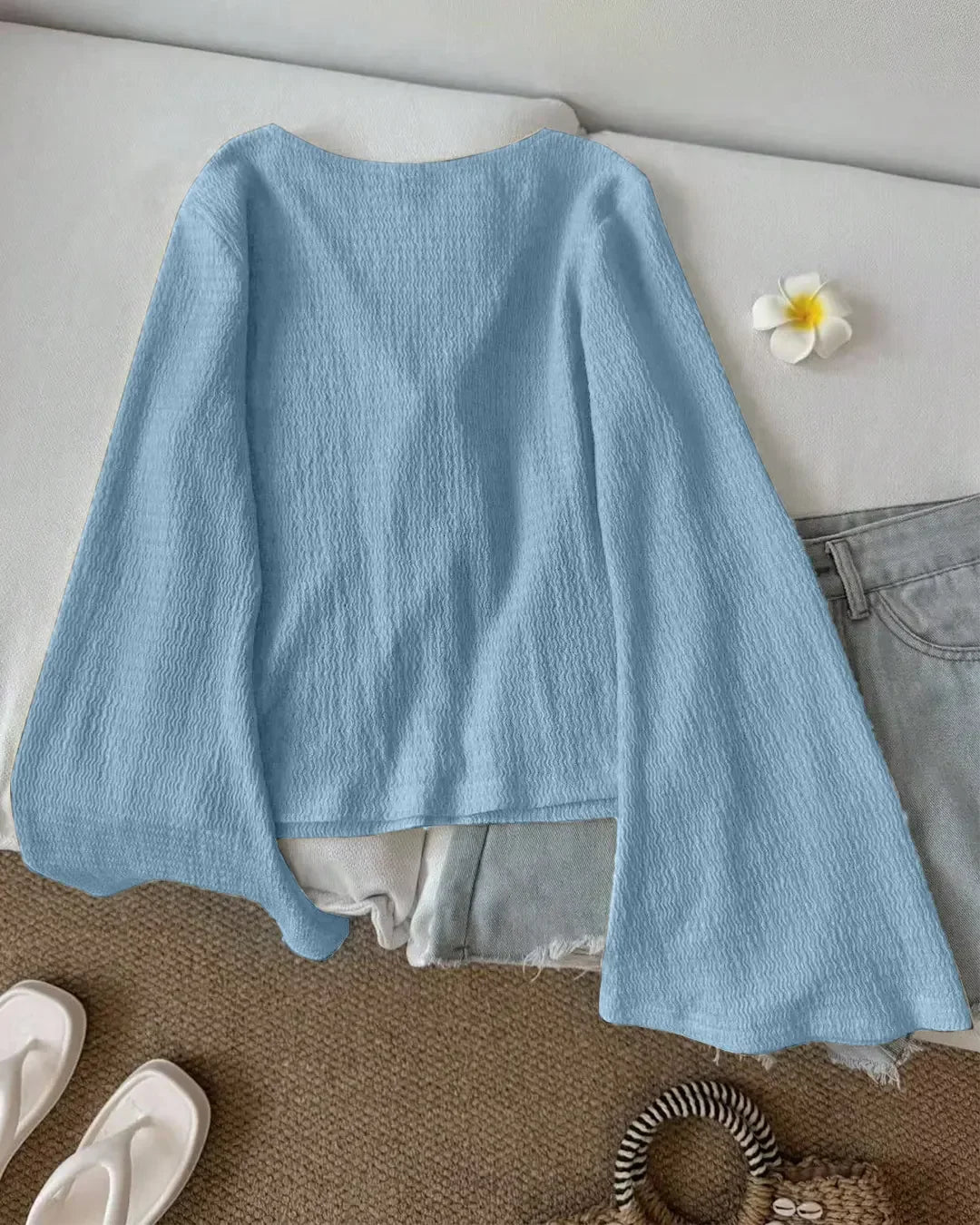 V Neck Front Bow Tie Flared Sleeve Top in Blue