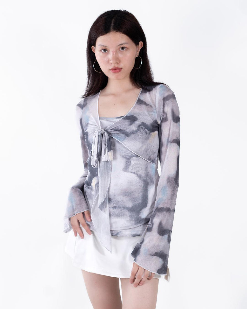 V Neck Front Knot Spring Summer Tie Dye Flare Long Sleeve Top