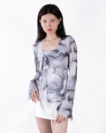 V Neck Front Knot Spring Summer Tie Dye Flare Long Sleeve Top