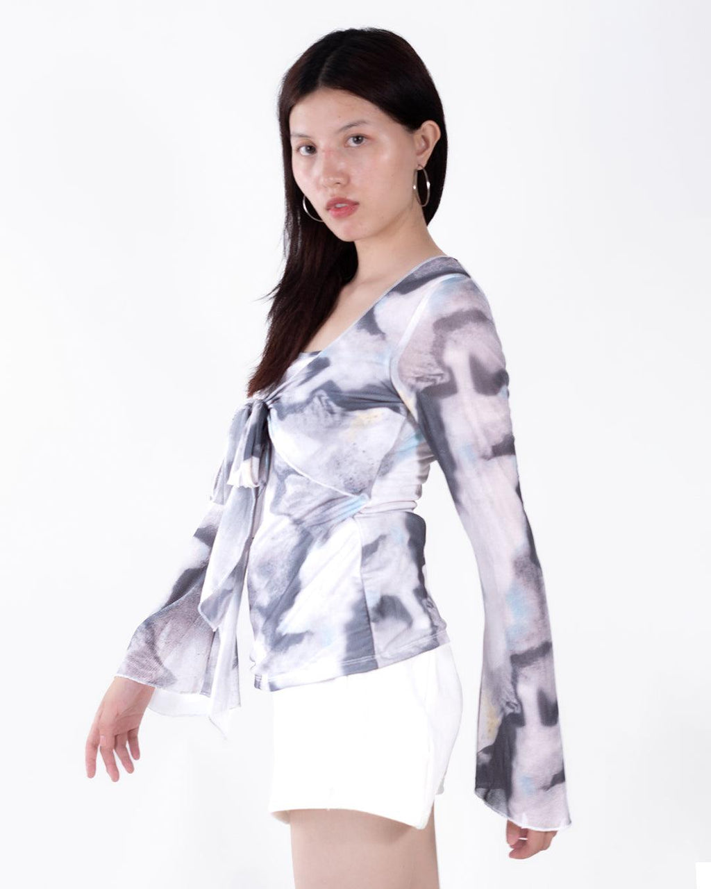 V Neck Front Knot Spring Summer Tie Dye Flare Long Sleeve Top