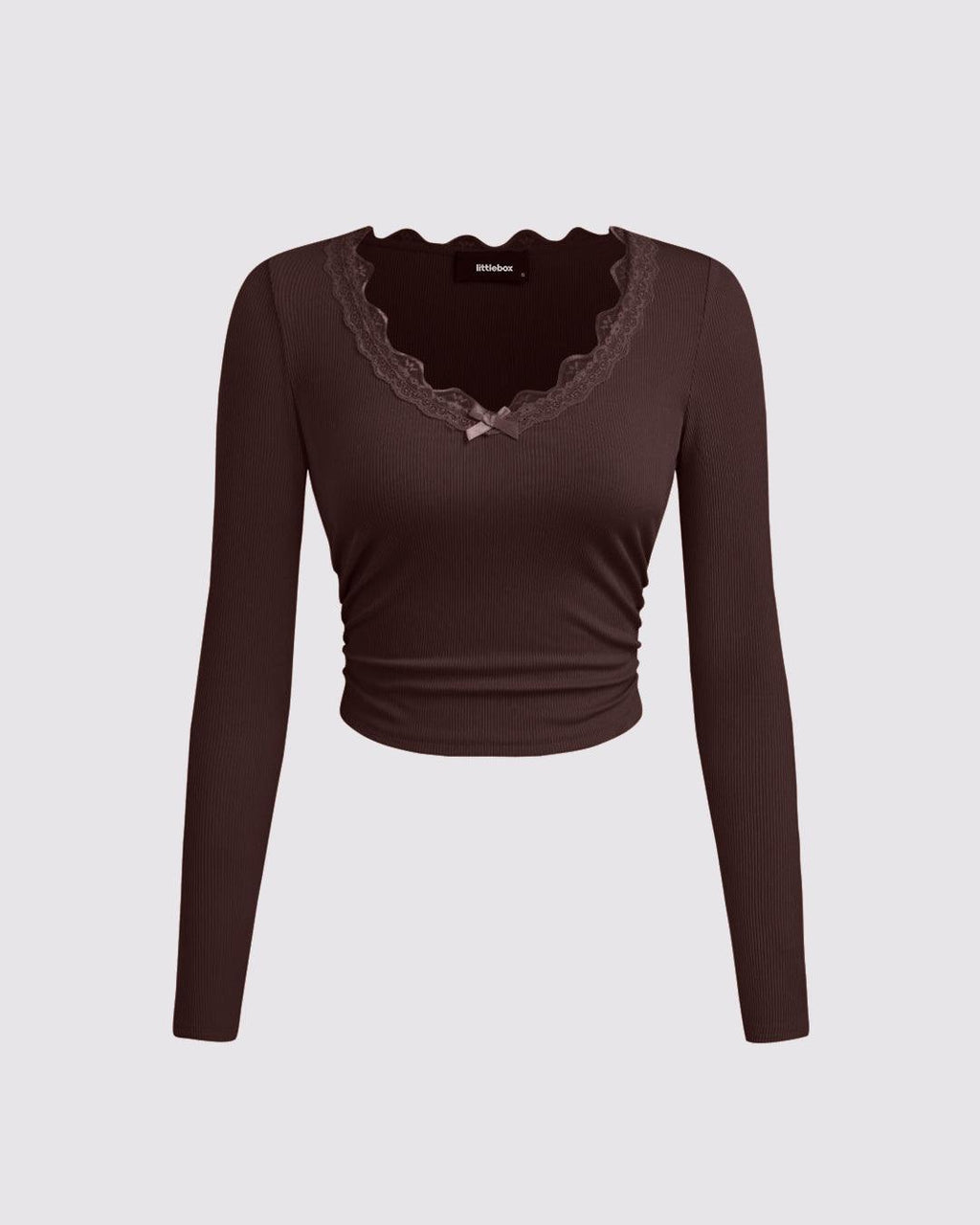 V Neck Lace Trim Ruched Stretch Full Sleeve Top in Brown