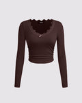 V Neck Lace Trim Ruched Stretch Full Sleeve Top in Brown
