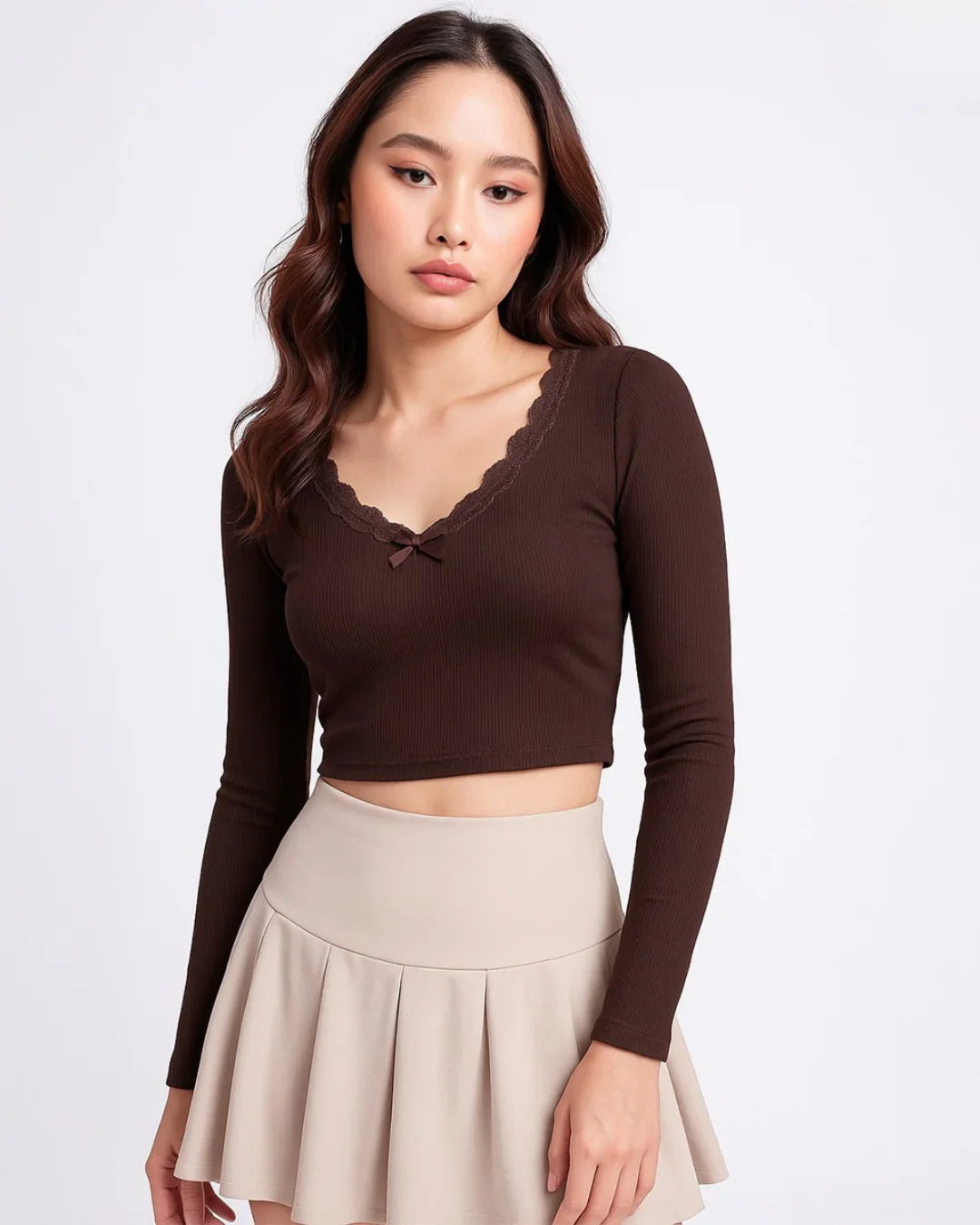 V Neck Lace Trim Ruched Stretch Full Sleeve Top in Brown