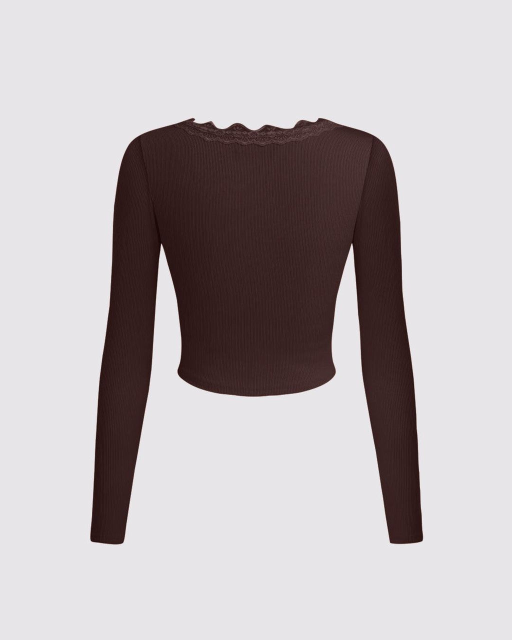 V Neck Lace Trim Ruched Stretch Full Sleeve Top in Brown