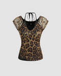 V Neck Leopard Print Ruched Sleeveless Halter Top