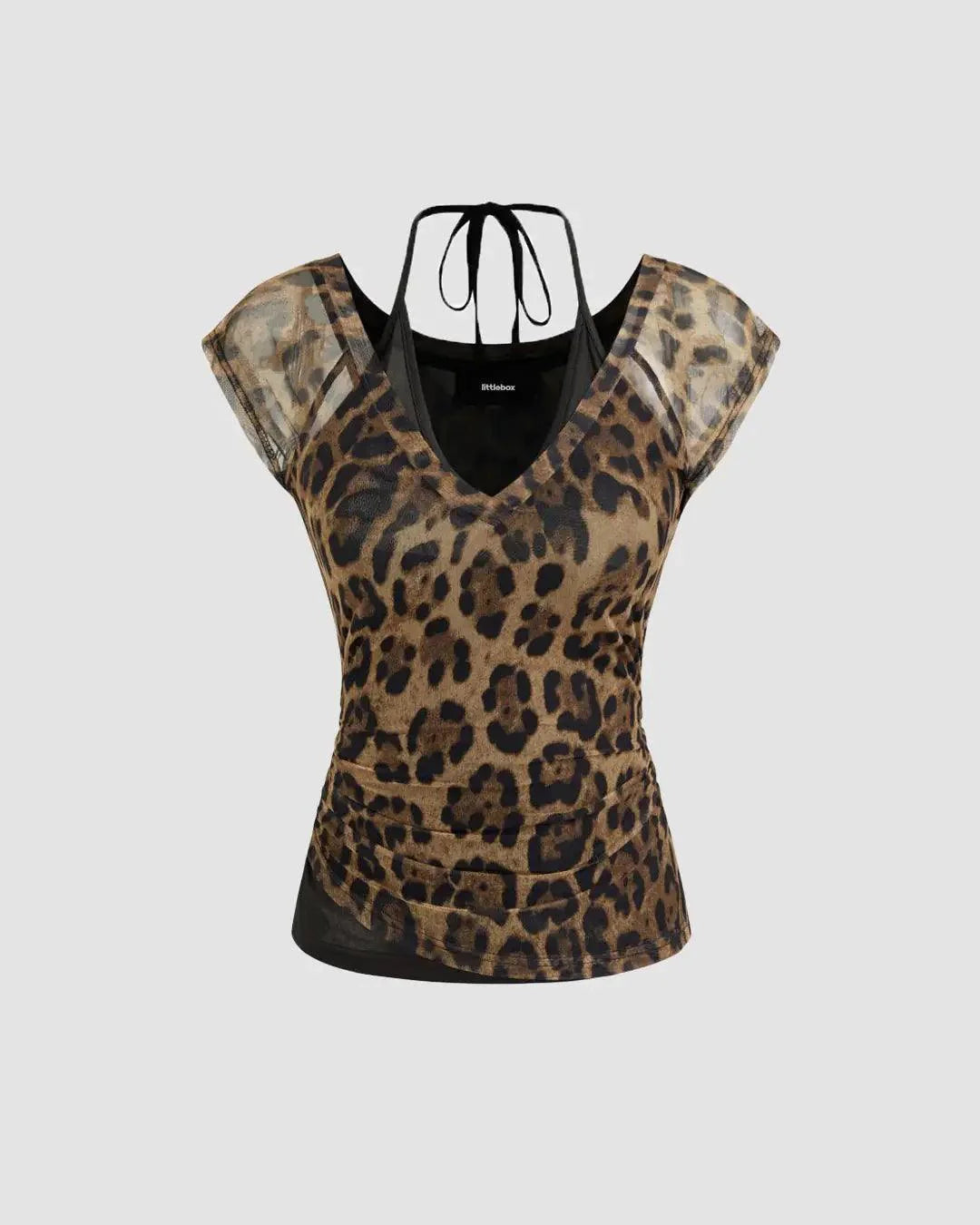 V Neck Leopard Print Ruched Sleeveless Halter Top