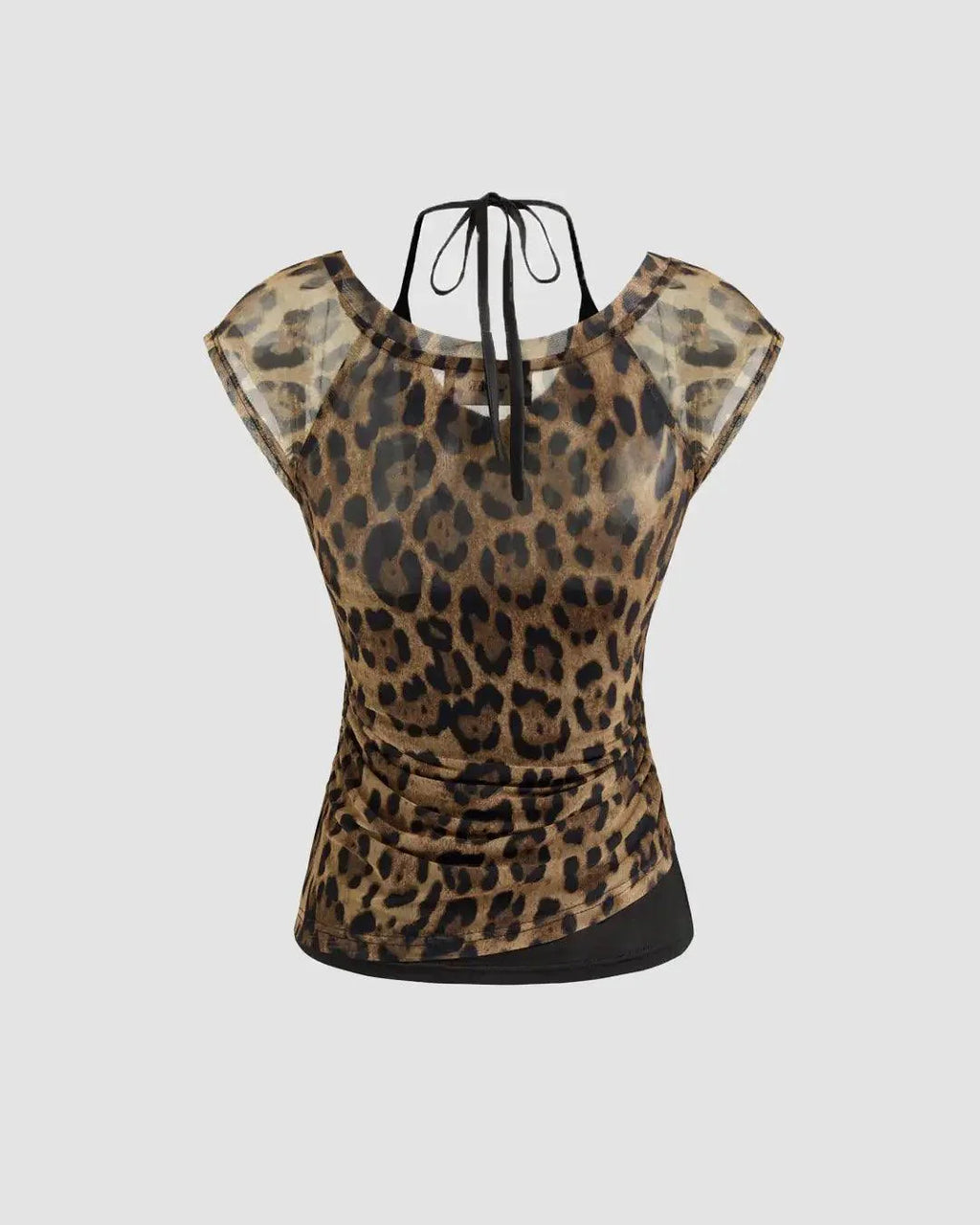 V Neck Leopard Print Ruched Sleeveless Halter Top