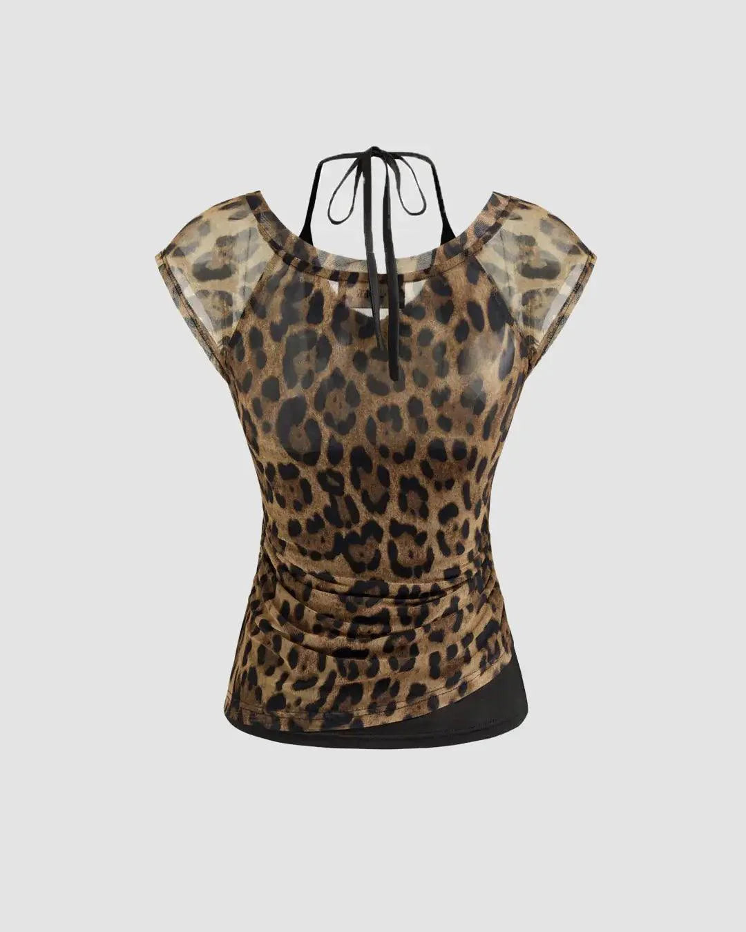V Neck Leopard Print Ruched Sleeveless Halter Top