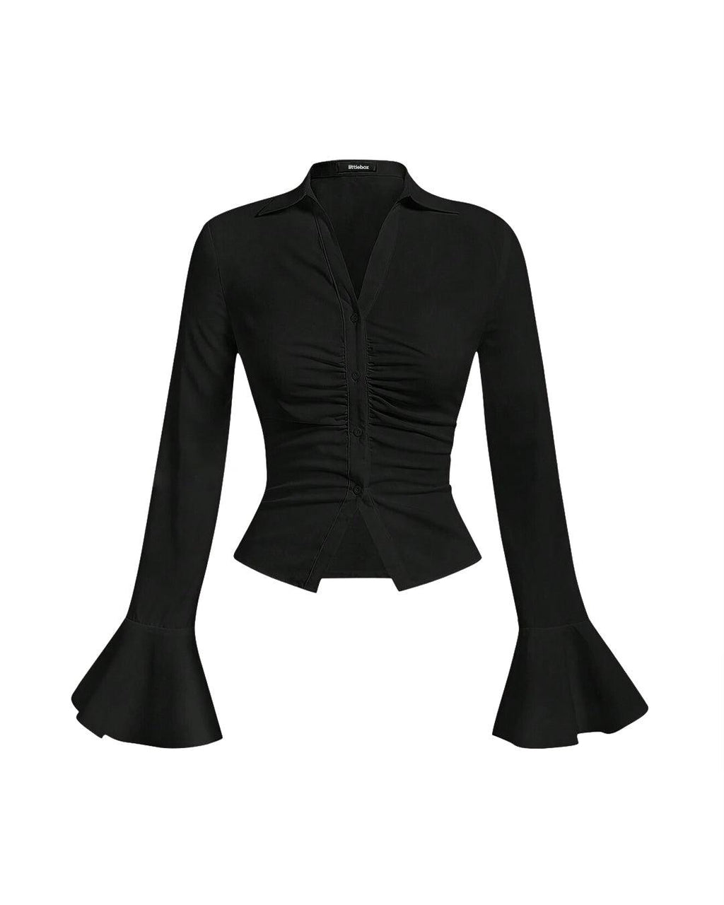 V Neck Ruched Front Knot Detail Full Sleeve Top in Black