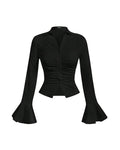 V Neck Ruched Front Knot Detail Full Sleeve Top in Black