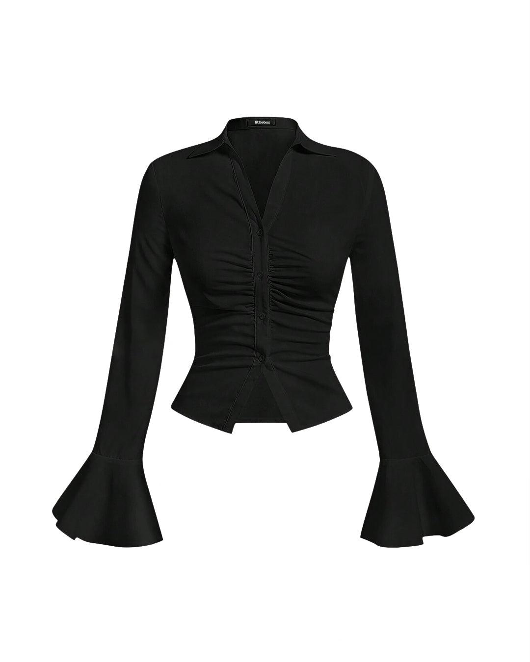 V Neck Ruched Front Knot Detail Full Sleeve Top in Black