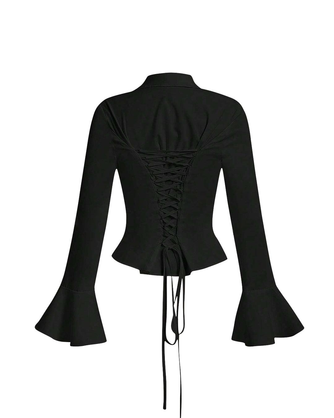 V Neck Ruched Front Knot Detail Full Sleeve Top in Black