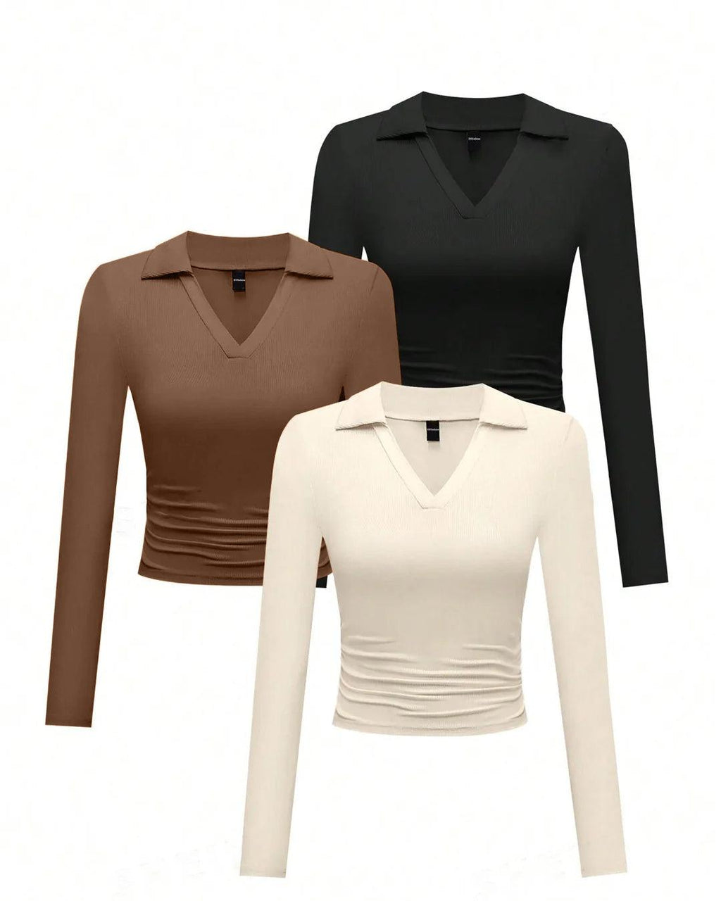 V Neck Ruched Stretch Full Sleeve Crop Top Set in Multi