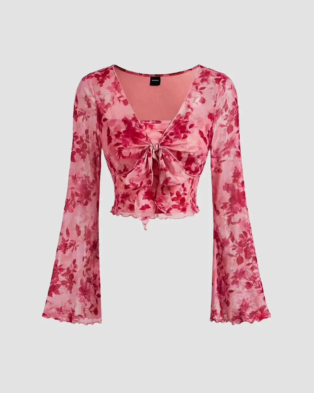 V Neck Tie-Up Bell Sleeve Floral Crop Top in Pink