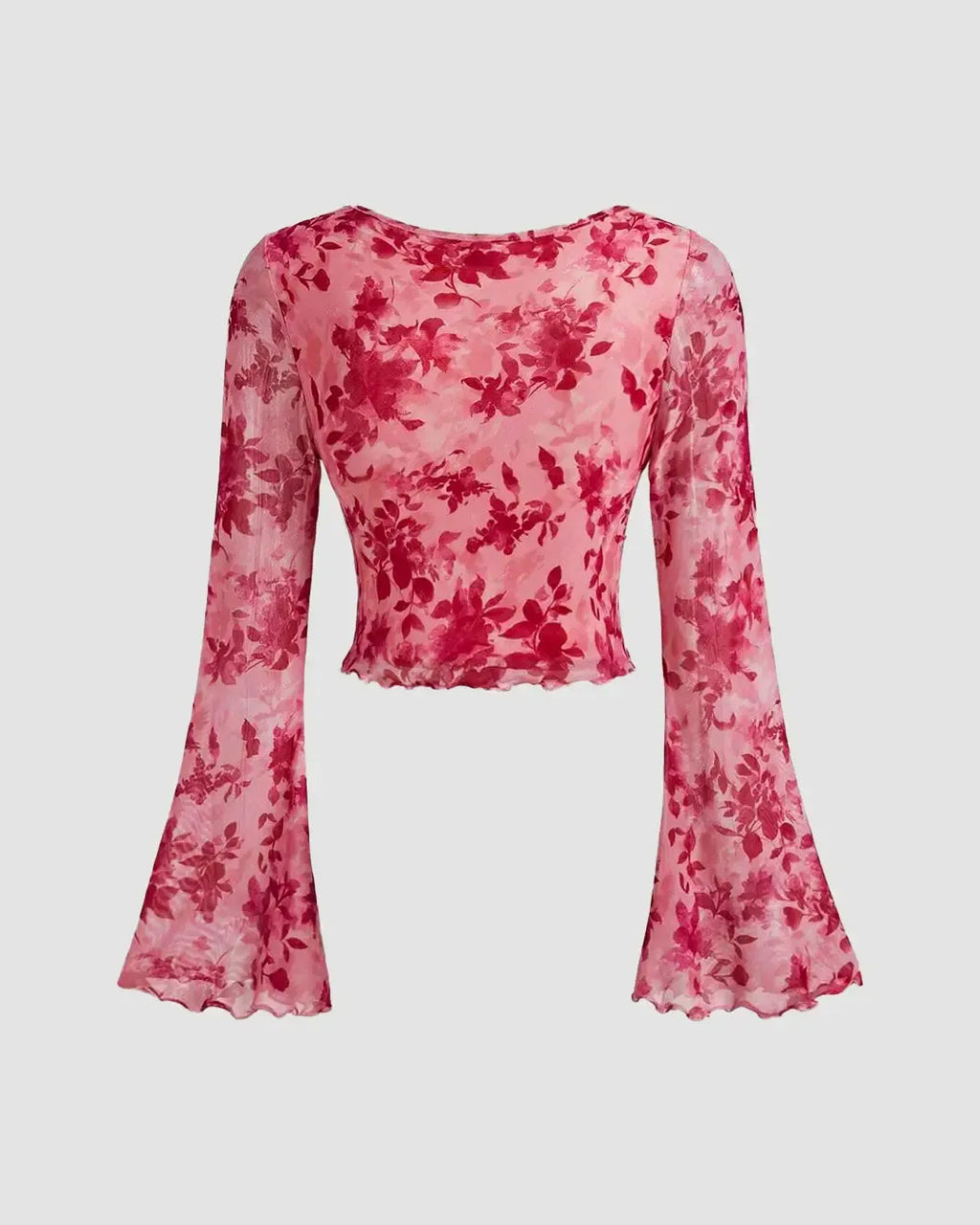 V Neck Tie-Up Bell Sleeve Floral Crop Top in Pink