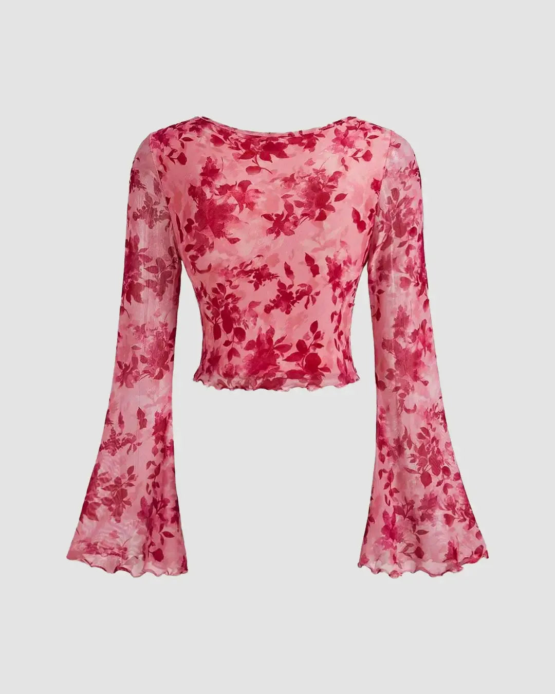 V Neck Tie-Up Bell Sleeve Floral Crop Top in Pink