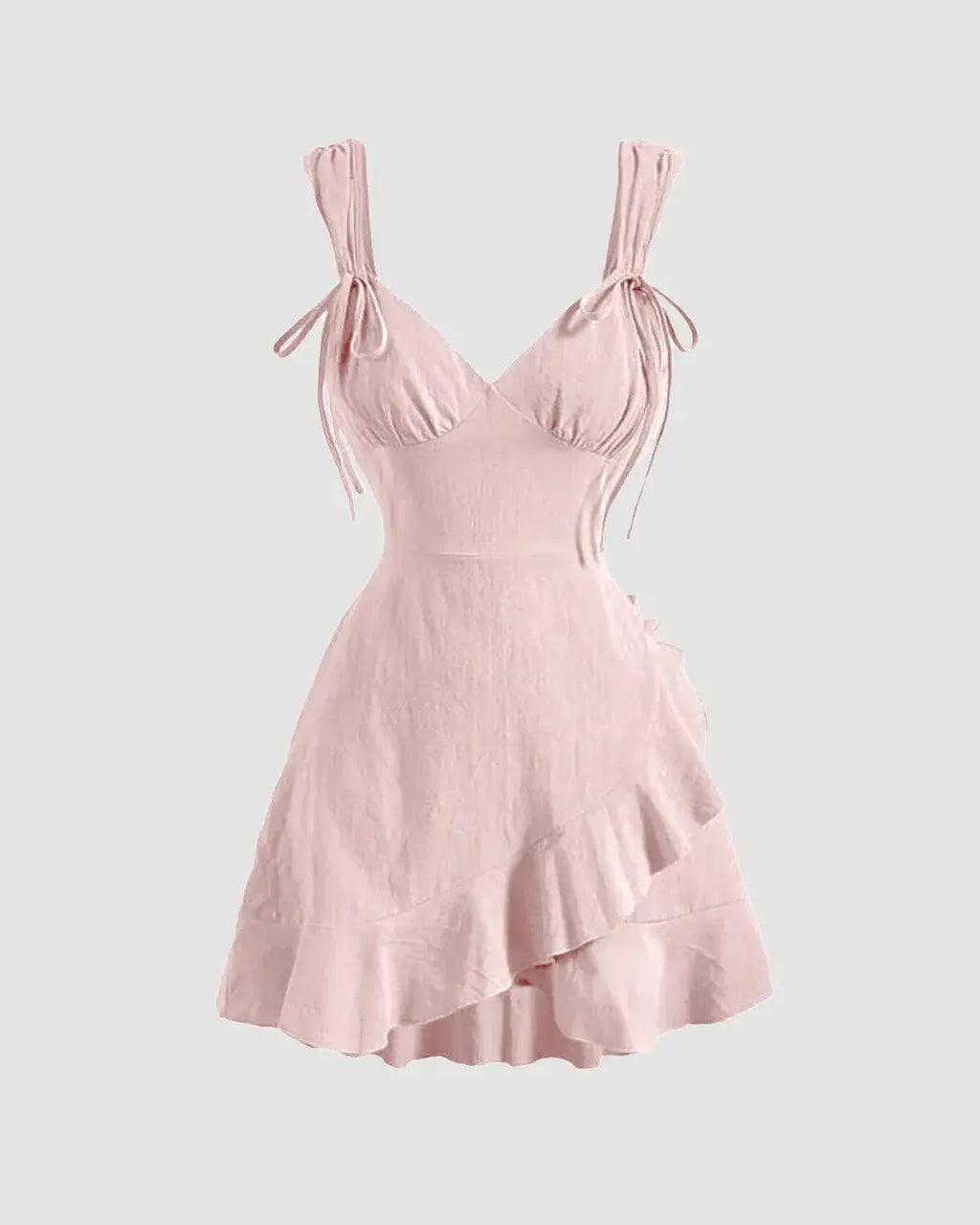 V Neck Tie Strap Ruffle Hem Mini Dress in Powder Pink