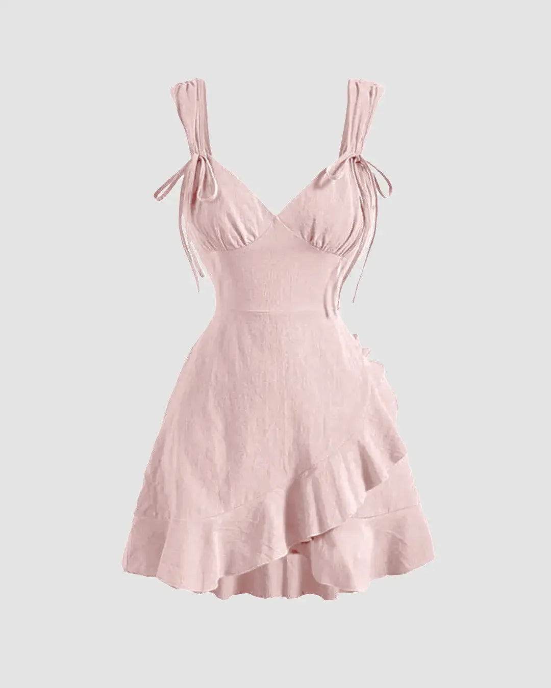 V Neck Tie Strap Ruffle Hem Mini Dress in Powder Pink
