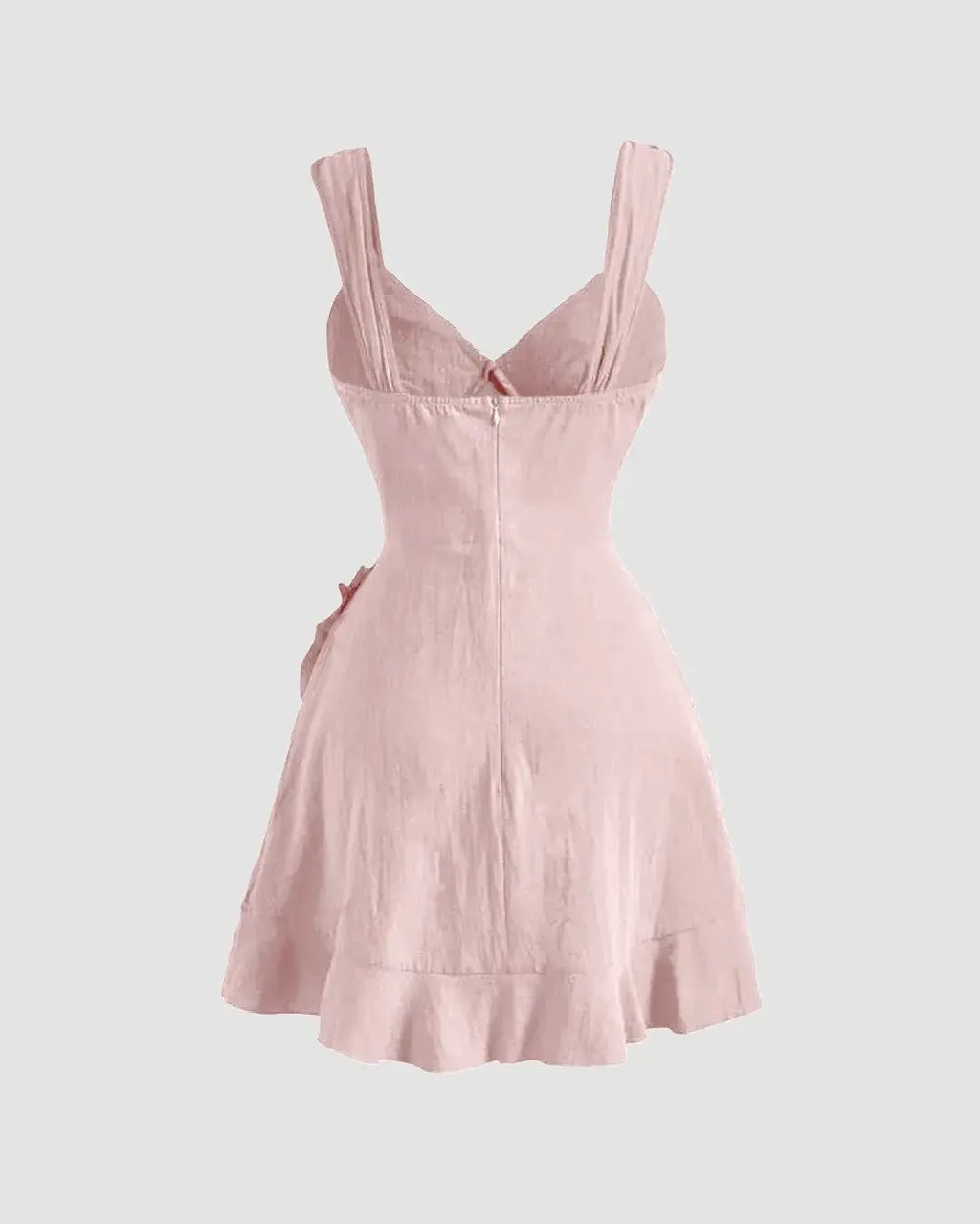 V Neck Tie Strap Ruffle Hem Mini Dress in Powder Pink