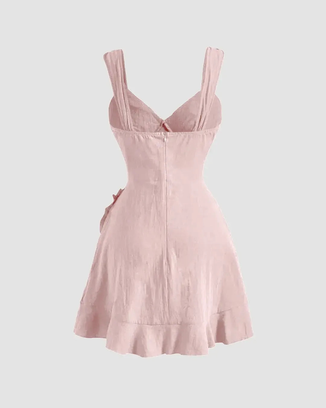 V Neck Tie Strap Ruffle Hem Mini Dress in Powder Pink