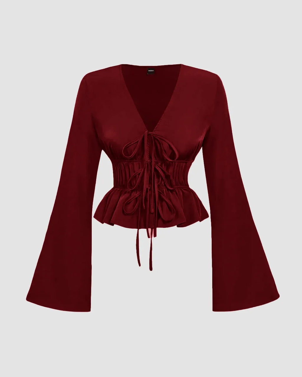 V Neck Tie Up Long Sleeve Flare Crop Top in Red