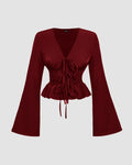 V Neck Tie Up Long Sleeve Flare Crop Top in Red