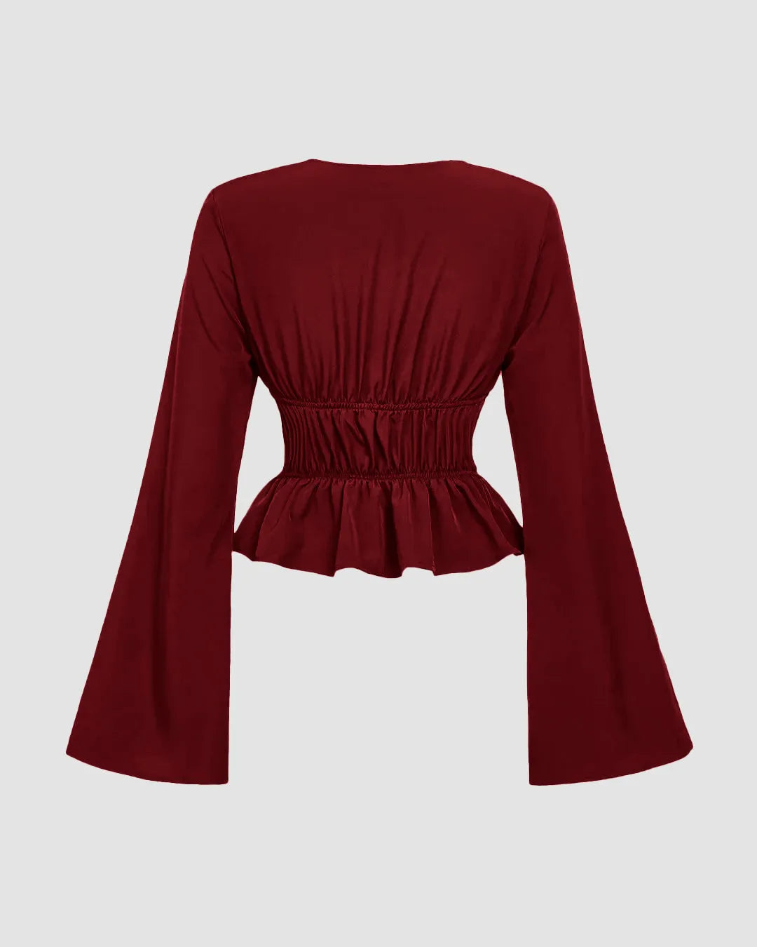 V Neck Tie Up Long Sleeve Flare Crop Top in Red