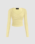 V Neck Wrap Front Ruched Full Sleeve Top in Yellow