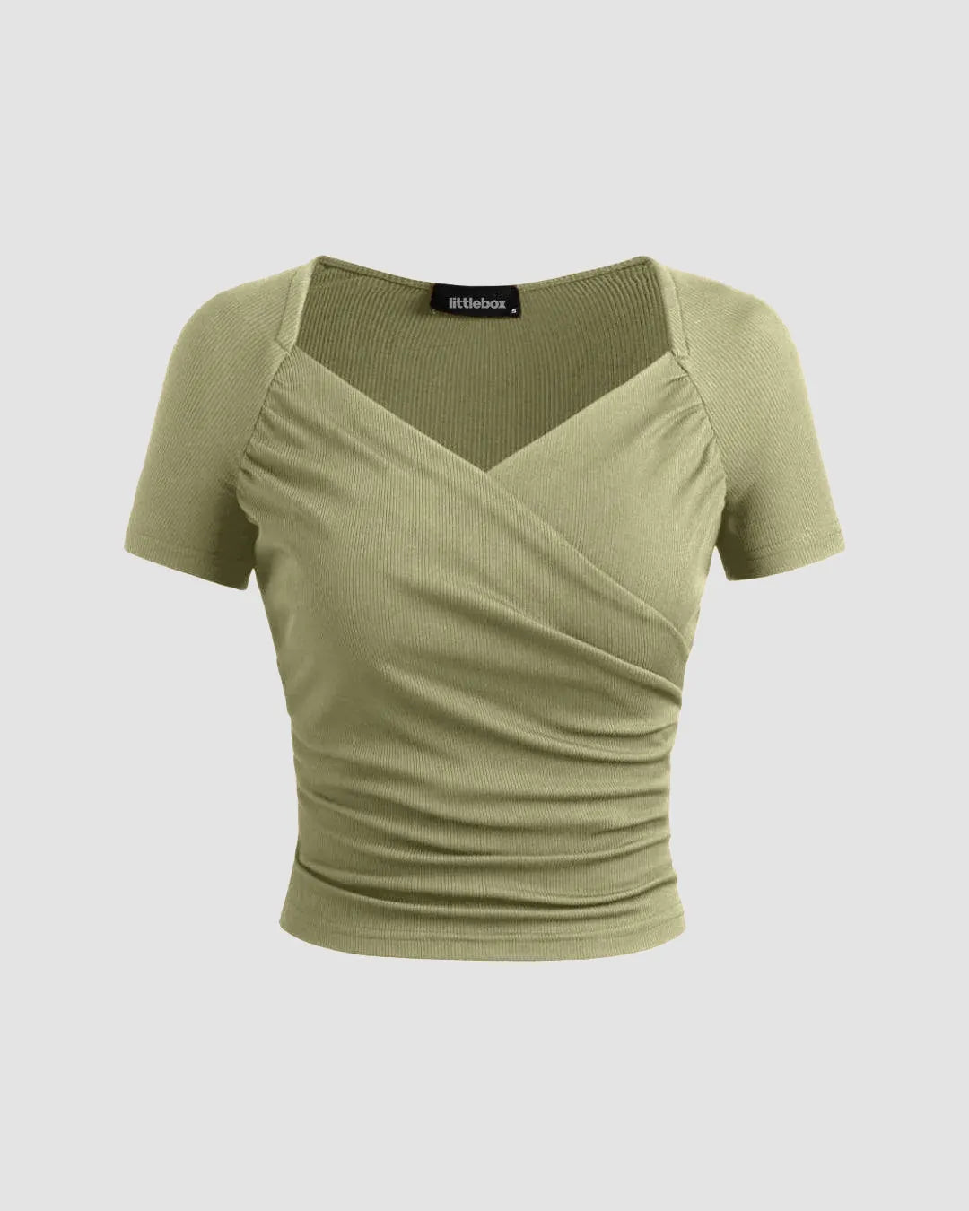 V Neck Wrap Front Ruched Short Sleeve Top in Green