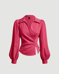 V Neck Wrap Front With Lantern Sleeve Top in Pink
