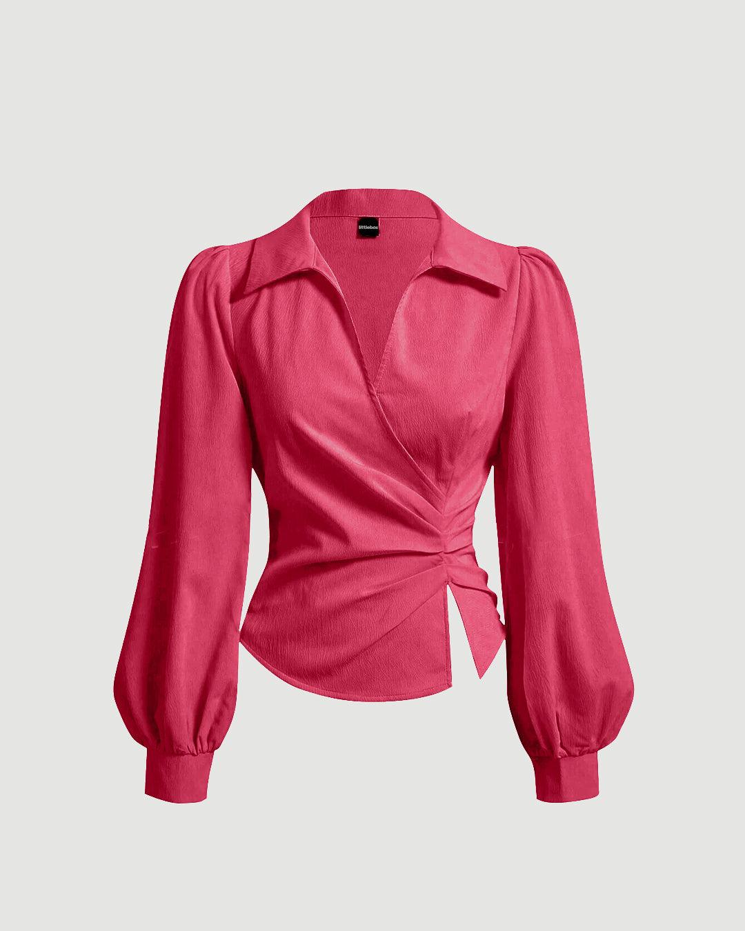 V Neck Wrap Front With Lantern Sleeve Top in Pink