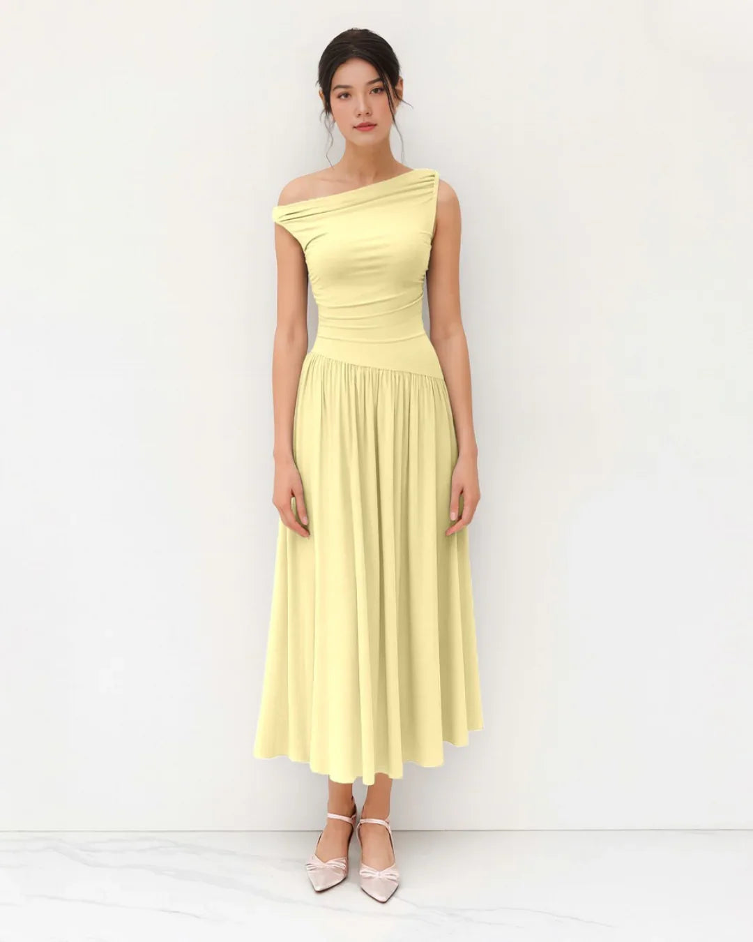 Vanilla Off-Shoulder Fit & Flare Midi Dress