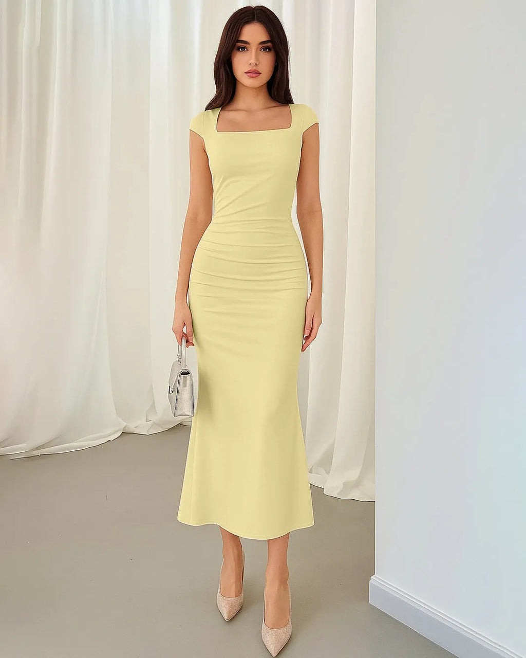 Vanilla Square Neck Cap Sleeve Bodycon Midi Dress