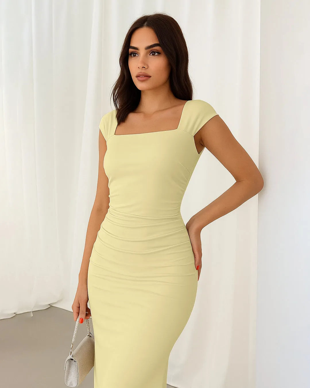Vanilla Square Neck Cap Sleeve Bodycon Midi Dress