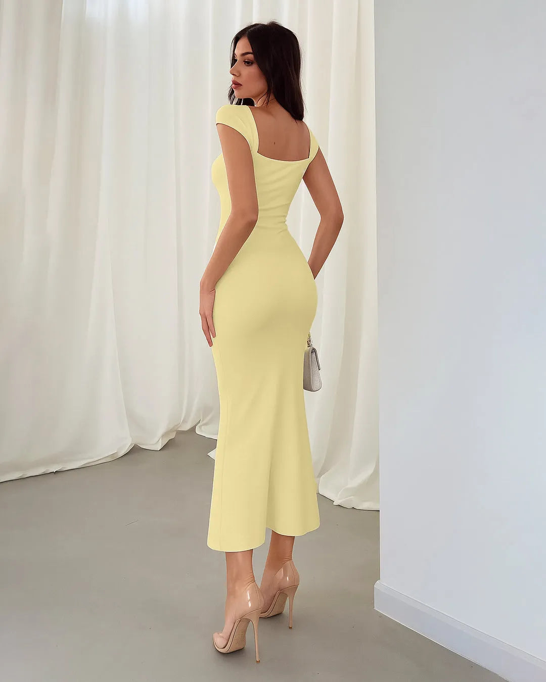 Vanilla Square Neck Cap Sleeve Bodycon Midi Dress