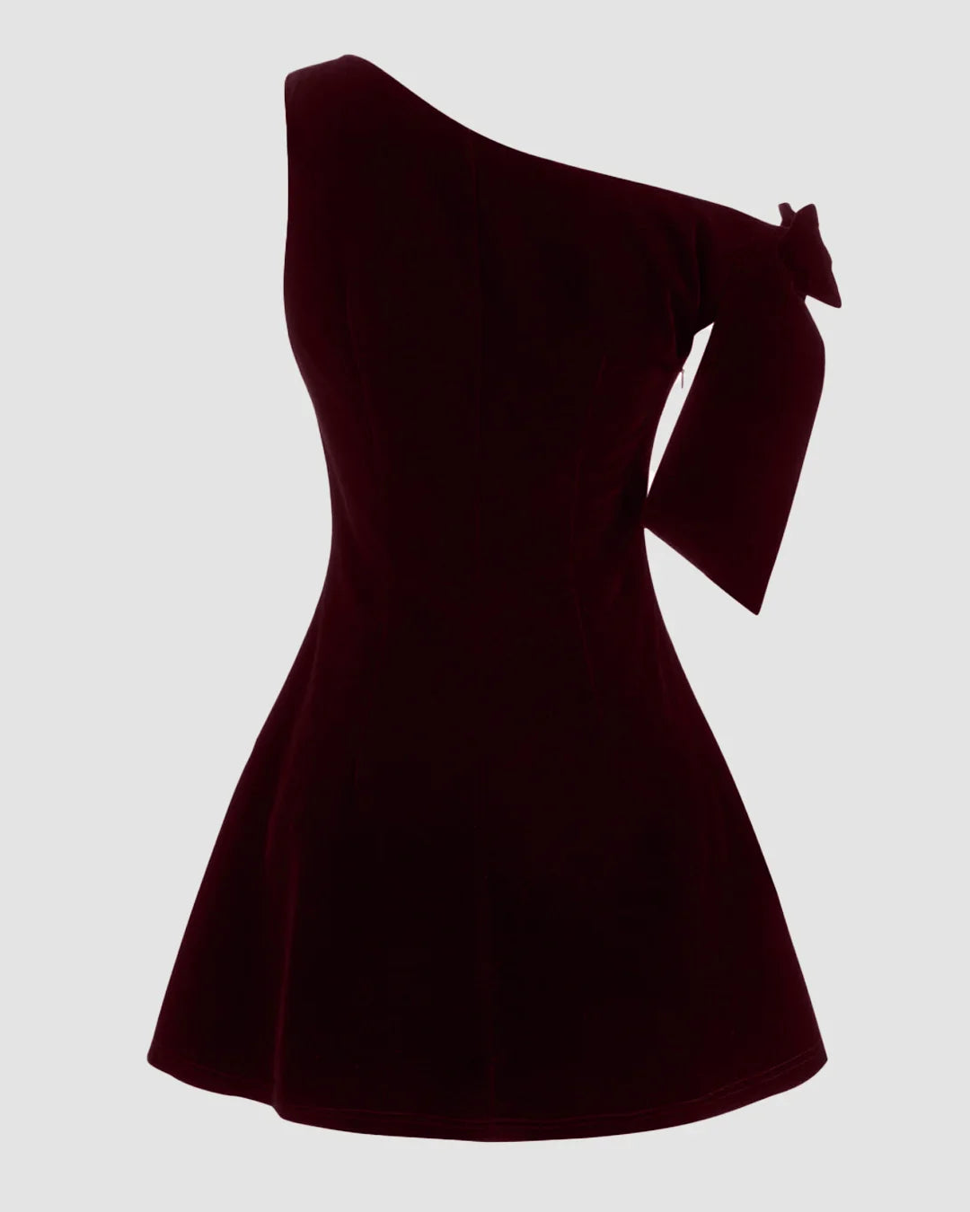 Velvet Asymmetrical Neck Bowknot Mini Dress in Maroon
