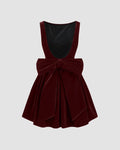 Velvet Boat Neck Bowknot Backless Short Midi Dress In Cherry Red