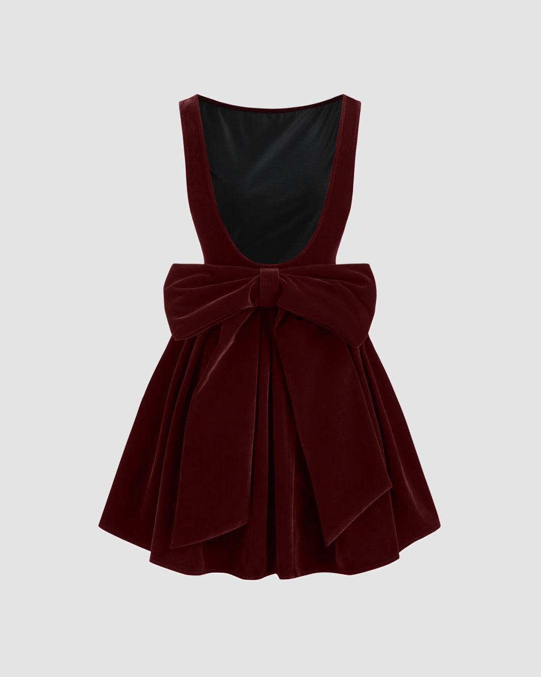 Velvet Boat Neck Bowknot Backless Short Midi Dress In Cherry Red
