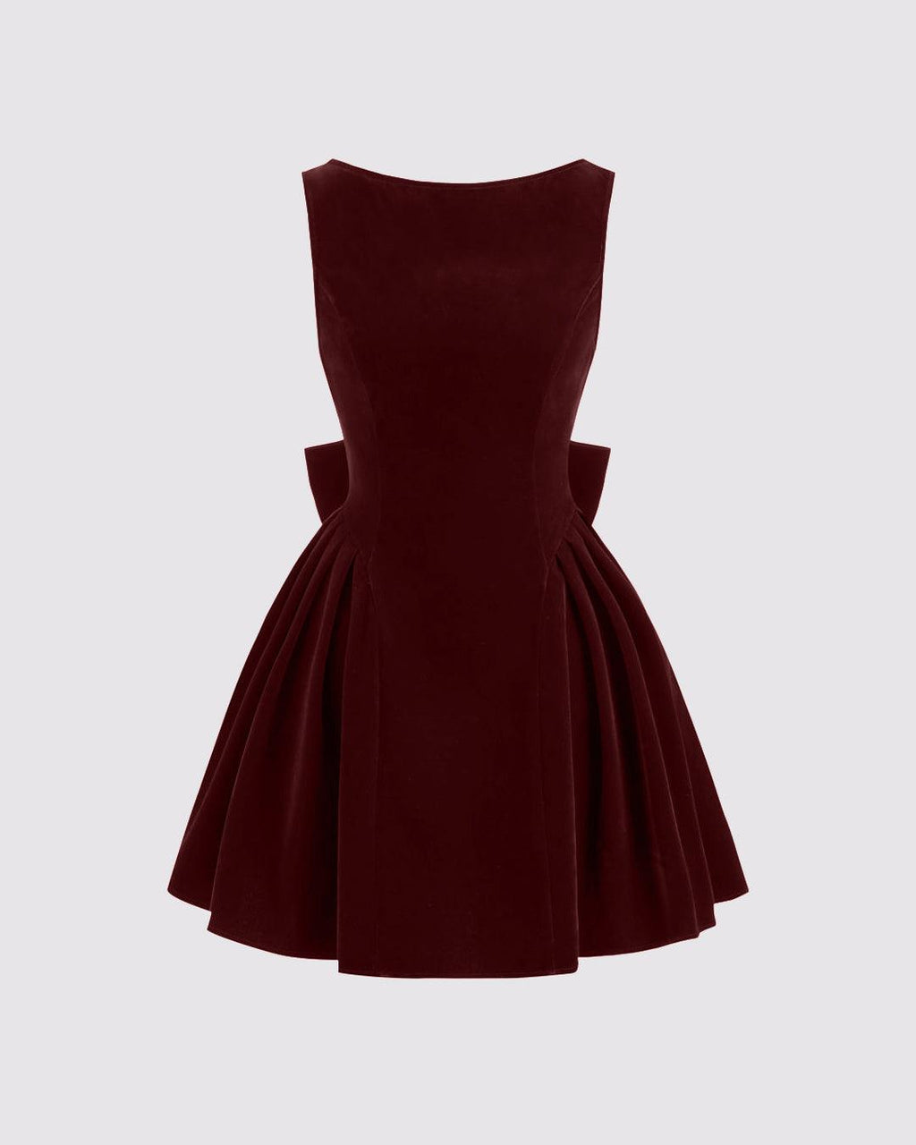 Velvet Boat Neck Bowknot Backless Short Midi Dress In Cherry Red