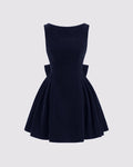 Velvet Boat Neck Bowknot Backless Short Mini Dress In Navy Blue