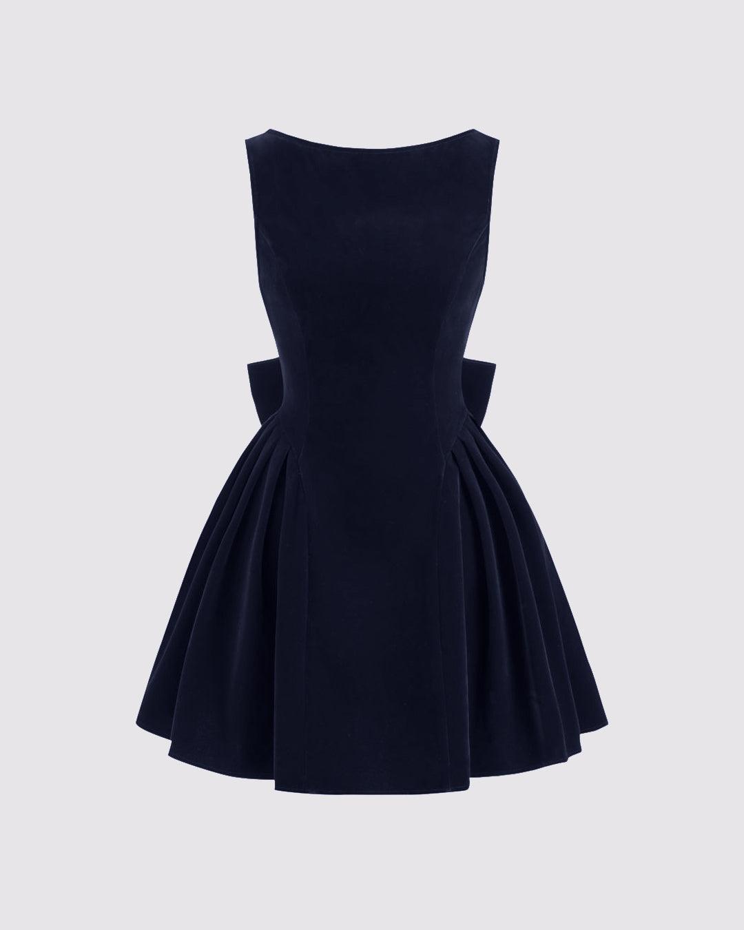 Velvet Boat Neck Bowknot Backless Short Mini Dress In Navy Blue