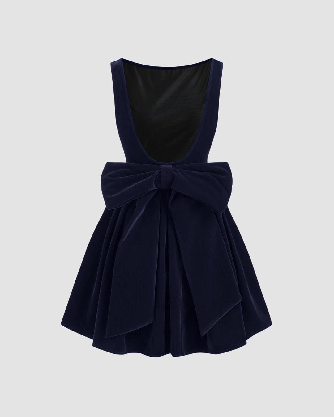 Velvet Boat Neck Bowknot Backless Short Mini Dress In Navy Blue