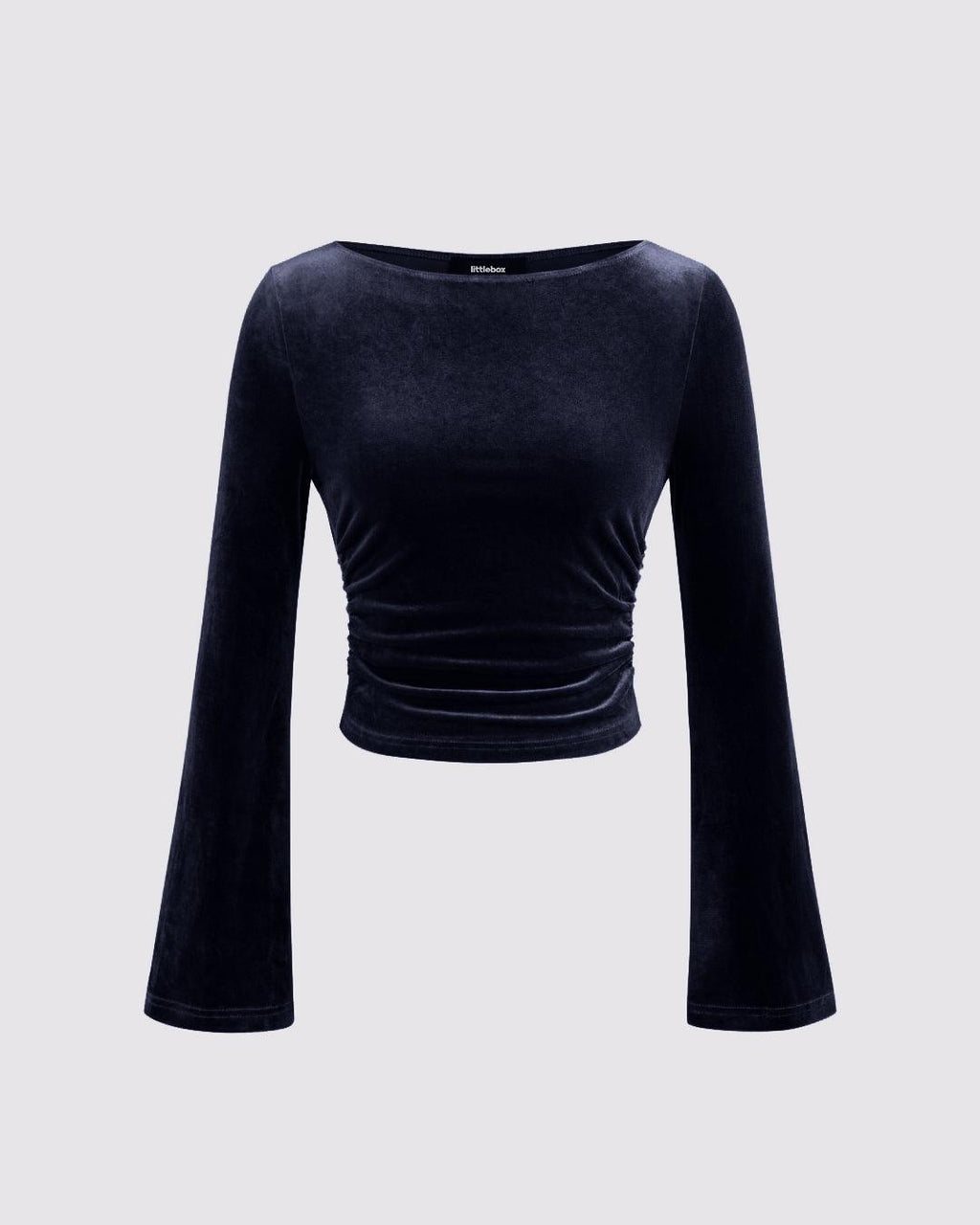 Velvet Boat Neck Solid Ruched Long Sleeve Crop Top In Navy Blue